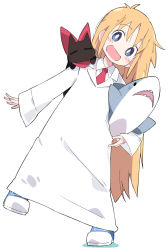 Rule 34 | 1girl, blonde hair, blue eyes, blush, cat, full body, holding, holding stuffed toy, ixy, lab coat, long hair, long sleeves, looking at viewer, necktie, nichijou, open mouth, professor shinonome, red necktie, sakamoto (nichijou), shoes, simple background, smile, solo, stuffed animal, stuffed shark, stuffed toy, white background