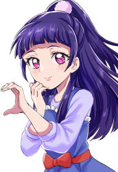 Rule 34 | 1girl, blue dress, blunt bangs, bow, closed mouth, dress, floating hair, heart, heart hands, high ponytail, highres, izayoi liko, long hair, long sleeves, mahou girls precure!, pinafore dress, pink eyes, precure, purple hair, purple shirt, red bow, sharumon, shirt, simple background, sleeveless, sleeveless dress, smile, solo, standing, upper body, very long hair, white background