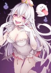 Rule 34 | 1girl, blush, boo (mario), breasts, cleavage, collarbone, covered navel, crown, detached collar, dress, earrings, fangs, frilled dress, frilled gloves, frills, garter straps, ghost, ghost tail, gloves, hair between eyes, hands up, highres, jewelry, large breasts, long hair, looking at viewer, luigi&#039;s mansion, mario (series), new super mario bros. u deluxe, nintendo, open mouth, pointy ears, princess king boo, puffy short sleeves, puffy sleeves, purple eyes, ripu (sherypton), sharp teeth, short dress, short sleeves, super crown, teeth, tongue, tongue out, white dress, white gloves, white hair