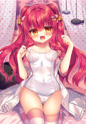 Rule 34 | 1girl, :d, bell, blush, bow, breasts, cameltoe, commentary request, curtains, dress, fang, frilled dress, frills, hair bell, hair between eyes, hair bow, hair intakes, hair ornament, jingle bell, looking at viewer, medium breasts, off shoulder, old school swimsuit, one-piece swimsuit, open clothes, open dress, open mouth, original, pink bow, pink sailor collar, pulled by self, red hair, sailor collar, sailor dress, school swimsuit, short sleeves, smile, solo, strap pull, striped clothes, striped thighhighs, suzunone rena, swimsuit, swimsuit under clothes, thighhighs, two side up, white dress, white one-piece swimsuit, window, yellow eyes
