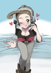 Rule 34 | 10s, 1girl, :q, ;p, ;q, ahoge, alexa (pokemon), arm support, bad id, bad pixiv id, belt, blush, breasts, brown hair, cleavage, covered erect nipples, creatures (company), game freak, green eyes, headset, heart, large breasts, leaning forward, nail polish, nintendo, on bed, one eye closed, pokemon, pokemon xy, remotarou, short sleeves, sitting, smile, solo, tongue, tongue out, wink