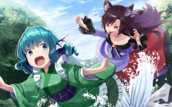 Rule 34 | 2girls, animal ear fluff, animal ears, black scarf, black trim, blue eyes, blue hair, blue sky, blue tail, brown hair, chasing, clenched hands, cloud, dress, eyelashes, fang, fingernails, fins, fleeing, floral print, frilled kimono, frilled sleeves, frills, game cg, gem, green kimono, head fins, imaizumi kagerou, japanese clothes, kimono, long dress, long hair, long sleeves, loose hair strand, mermaid, monster girl, multiple girls, obi, off-shoulder dress, off shoulder, official art, open mouth, outdoors, purple sash, raised eyebrows, red dress, red eyes, red gemstone, red nails, rock, sash, scarf, sharp fingernails, short hair, sky, splashing, teeth, third-party source, tokumaro, touhou, touhou cannonball, tree, two-tone dress, upper teeth only, v-shaped eyebrows, wakasagihime, water drop, wavy hair, werewolf, white dress, wolf ears