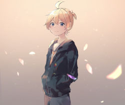 Rule 34 | 1boy, ahoge, bass clef, black jacket, blonde hair, blue eyes, collared shirt, commentary, falling petals, gradient background, hands in pockets, headphones, highres, jacket, kagamine len, light smile, looking at viewer, male focus, necktie, petals, sailor collar, sazanami (ripple1996), shirt, short ponytail, shorts, sidelighting, solo, standing, upper body, vocaloid, white shirt, yellow necktie