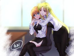 Rule 34 | 2girls, ahoge, arm between breasts, arms around neck, artist name, backlighting, between breasts, black legwear, black shirt, black skirt, blonde hair, blue eyes, blurry, blurry background, blush, breasts, brown hair, chair, collared shirt, commentary request, commission, depth of field, fate testarossa, frown, highres, hug, hug from behind, indoors, leaning forward, leonis g, long hair, looking at another, looking back, lyrical nanoha, mahou shoujo lyrical nanoha strikers, medium breasts, medium skirt, miniskirt, multiple girls, neck ribbon, office chair, open clothes, open mouth, open shirt, pantyhose, partially unbuttoned, pencil skirt, red eyes, ribbon, shirt, side slit, signature, sitting, skeb commission, skirt, smile, standing, sweatdrop, swivel chair, teana lanster, thighhighs, tsab executive military uniform, wing collar, yuri