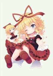 Rule 34 | 2girls, beni shake, blonde hair, blue eyes, bow, doll, dress, floral print, frills, hair bow, hair ribbon, highres, looking at viewer, medicine melancholy, multiple girls, plaid, plaid vest, red bow, red footwear, red ribbon, ribbon, ribbon-trimmed skirt, ribbon trim, shirt, short hair, short sleeves, skirt, smile, strange creators of outer world, su-san, touhou, vest, wavy hair, wings