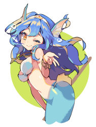Rule 34 | 1girl, amelia (world flipper), bare shoulders, blue hair, blush, blush stickers, bracelet, breasts, bubble, circlet, closed mouth, cowboy shot, female focus, fins, from side, gem, hand up, happy, head fins, highres, jewelry, leaning forward, light blush, long hair, looking at viewer, medium breasts, mermaid, monster girl, navel, one eye closed, orange eyes, revealing clothes, shiny skin, sidelocks, simple background, smile, solo, stomach, two-tone background, upper body, white background, wink, world flipper, yogurt (yott parfait)