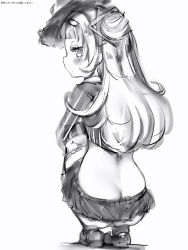 Rule 34 | 1girl, alice gear aegis, ass, bad id, bad pixiv id, blunt bangs, blush, butt crack, closed mouth, from behind, full body, greyscale, hair bun, hair ornament, hat, hexagram, highres, hololive, long hair, long sleeves, looking at viewer, looking back, monochrome, murasaki shion, murasaki shion (1st costume), nanashi (nlo), no panties, pinstripe pattern, pinstripe shirt, profile, shirt, shoes, simple background, single side bun, skirt, solo, squatting, star of david, striped clothes, striped shirt, two side up, vertical-striped clothes, vertical-striped shirt, virtual youtuber, white background