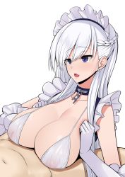 Rule 34 | 1boy, 1girl, azur lane, belfast (azur lane), bikini, bikini top only, blue eyes, braid, breasts squeezed together, breasts, chain, collar, french braid, gloves, halterneck, hetero, highres, large breasts, lein, long hair, maid, maid headdress, nipples, open mouth, paizuri, sagging breasts, see-through, simple background, solo focus, string bikini, swimsuit, very long hair, white background, white bikini, white gloves, white hair