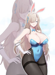 Rule 34 | 1girl, absurdres, animal ears, asuna (blue archive), asuna (bunny) (blue archive), asymmetrical bangs, bare shoulders, black pantyhose, blue archive, blue bow, blue bowtie, blue eyes, blue leotard, blue ribbon, bow, bowtie, breasts, cleavage, cokjins, covered navel, cowboy shot, curvy, detached collar, fake animal ears, gloves, grin, hair over eyes, hair ribbon, hand on own hip, highleg, highleg leotard, highres, large breasts, leotard, light brown hair, long bangs, looking at viewer, mole, mole on breast, pantyhose, playboy bunny, rabbit ears, ribbon, smile, solo, strapless, strapless leotard, thighband pantyhose, traditional bowtie, white gloves, zoom layer