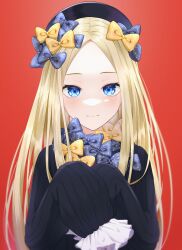 Rule 34 | 1girl, abigail williams (fate), beret, blonde hair, blue eyes, blush, bow, fate/grand order, fate (series), frilled sleeves, frills, hair bow, hat, highres, long hair, long sleeves, looking at viewer, multiple hair bows, parted bangs, polka dot, polka dot bow, red background, sleeves past fingers, sleeves past wrists, solo, straight-on, upper body, wanko (yurika0320)