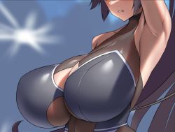 Rule 34 | 1girl, alternate breast size, arm up, armpits, azur lane, bare arms, black hair, blush, bokuno, breasts, cleavage cutout, clenched teeth, clothing cutout, head out of frame, huge breasts, impossible clothes, leotard, long hair, see-through, see-through leotard, solo, takao (full throttle charmer) (azur lane), teeth, unitard, very long hair
