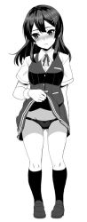 Rule 34 | 10s, 1girl, black hair, black socks, black panties, blush, breasts, clothes lift, commentary, female focus, frown, full body, gloves, greyscale, hair ornament, hairclip, kantai collection, kneehighs, kyogoku shin, long hair, looking away, medium breasts, monochrome, neck ribbon, oyashio (kancolle), panties, pleated skirt, ribbon, school uniform, short sleeves, simple background, skirt, skirt lift, socks, solo, underwear, vest, white background, white gloves