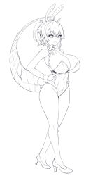 Rule 34 | 1girl, :d, animal ears, aningay, bare shoulders, braid, breasts, covered navel, detached collar, dragon girl, dragon horns, dragon tail, full body, greyscale, hair between eyes, hairband, hands on own hips, high heels, highres, horns, large breasts, leotard, long hair, monochrome, necktie, open mouth, original, ponytail, rabbit ears, shoes, simple background, smile, solo, standing, strapless, strapless leotard, tail, teeth, upper teeth only, white background, wing collar, wrist cuffs