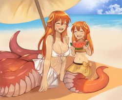 Rule 34 | 2girls, :d, ^ ^, beach, beach umbrella, breasts, child, closed eyes, commentary, commission, day, food, fruit, full body, hair between eyes, hair ornament, hairclip, happy, highres, holding, holding food, horizon, if they mated, lamia, long hair, midriff, miia (monster musume), mika (miiafag), monster girl, monster musume no iru nichijou, mother and daughter, multiple girls, navel, ocean, open mouth, original, pointy ears, red hair, ribbon, sand, scales, sky, smile, sookmo, tail, tank top, teeth, umbrella, upper teeth only, watermelon