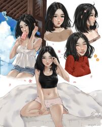 Rule 34 | 1girl, absurdres, anajudraws, artist name, barefoot, black choker, black hair, black shirt, blush, breasts, brown eyes, brown shirt, choker, cleavage, closed eyes, cloud, commentary, denim, denim shorts, eating, english commentary, food, hair ornament, hairclip, hand up, highres, lipstick, looking at viewer, makeup, medium breasts, medium hair, multiple views, navel, on bed, original, popsicle, red sweater, ribbed sweater, shirt, short shorts, shorts, sitting, smile, striped clothes, striped shorts, sweater, white shirt, wind chime