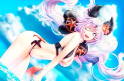 Rule 34 | 1girl, beach, blush, braco, breasts, cleavage, day, flower, from side, granblue fantasy, hair flower, hair ornament, highres, large breasts, long hair, looking at viewer, navel, ocean, one eye closed, open mouth, outdoors, partially submerged, purple eyes, purple hair, satyr (granblue fantasy), smile, solo, swimsuit, teeth, twintails, very long hair, wading, water, wavy hair