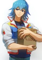 Rule 34 | 1boy, absurdres, blue hair, blue shirt, box, bruno (yu-gi-oh!), cowboy shot, denim, facing viewer, gradient background, grey eyes, high collar, highres, holding, holding box, jacket, jeans, looking to the side, male focus, open clothes, open jacket, pants, shirt, short hair, simple background, sleeves rolled up, smile, solo, standing, white background, youko-shima, yu-gi-oh!, yu-gi-oh! 5d&#039;s