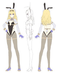 Rule 34 | 1girl, animal ears, black hairband, blonde hair, blush, character sheet, closed mouth, covered erect nipples, eden&#039;s ritter grenze, eden grenze, frills, gloves, hair between eyes, hairband, half gloves, hand on own hip, high heels, kageshio (276006), lineart, long hair, maid headdress, multiple views, pantyhose, purple eyes, purple footwear, purple gloves, rabbit ears, rabbit tail, simple background, standing, tail, white background
