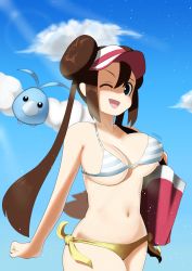 Rule 34 | 1girl, adapted costume, bare shoulders, bikini, blue eyes, bouncing breasts, breasts, collarbone, commentary request, covered erect nipples, creatures (company), day, fingernails, game freak, gen 3 pokemon, hair between eyes, hat, highres, large breasts, long hair, looking at viewer, midriff, mismatched bikini, mochi (mochiokomet), navel, nintendo, one eye closed, open mouth, outdoors, pokemon, pokemon (creature), pokemon bw2, rosa (pokemon), skindentation, sky, smile, striped bikini, striped clothes, swablu, swimsuit, tongue, unaligned breasts, yellow bikini
