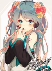 Rule 34 | 1girl, ahoge, bare shoulders, blue eyes, blue hair, blue neckwear, blush, brown ribbon, collared shirt, commentary request, detached sleeves, fingernails, flower, fujikiri yana, green nails, grey shirt, hair between eyes, hair flower, hair ornament, hair ribbon, hands up, happy birthday, hatsune miku, headphones, highres, jewelry, long hair, long sleeves, looking at viewer, nail polish, necklace, parted lips, red flower, red rose, ribbon, rose, shirt, sleeveless, sleeveless shirt, sleeves past wrists, solo, steepled fingers, twintails, twitter username, very long hair, vocaloid, wide sleeves, yellow flower, yellow rose