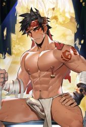 Rule 34 | 1boy, abs, bandaged arm, bandages, bara, blush, bodypaint, bulge, dark-skinned male, dark skin, erection, erection under clothes, facial scar, feather hair ornament, feather necklace, feathers, gan ning, grin, hair ornament, headband, highres, large pectorals, male focus, male underwear, mature male, muscular, muscular male, navel, navel hair, nipple piercing, nipple rings, nipples, paid reward available, pectorals, penis, piercing, paid reward available, scar, scar on cheek, scar on chest, scar on face, see-through, shin sangoku musou, short hair, sideburns, smile, solo, stomach, thick thighs, thighs, underwear, wet, wet clothes, wet male underwear, yaowu