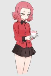 Rule 34 | 10s, 1girl, black skirt, brown eyes, commentary, cowboy shot, cropped legs, cup, epaulettes, girls und panzer, half-closed eyes, highres, holding, holding cup, holding saucer, jacket, light frown, long sleeves, looking to the side, military, military uniform, miniskirt, parted lips, pleated skirt, red hair, red jacket, rosehip (girls und panzer), saucer, simple background, sketch, skirt, solo, st. gloriana&#039;s military uniform, standing, teacup, uasi, uniform