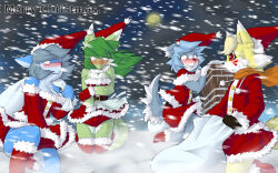 Rule 34 | 4girls, animal ear fluff, animal ears, animal nose, apron, bare shoulders, belt, blonde hair, blue fur, blue hair, blue skin, blush, body fur, boots, breasts, buttons, capelet, chimney, christmas, cleavage, clenched teeth, clothes lift, cold, collarbone, colored skin, drawstring, english text, fang, female focus, flat chest, fox ears, fox girl, from side, full body, full moon, fur-trimmed capelet, fur-trimmed footwear, fur-trimmed gloves, fur-trimmed headwear, fur-trimmed shirt, fur-trimmed skirt, fur-trimmed sleeves, fur trim, furry, furry female, gloves, green fur, green hair, hands up, hat, highres, holding, holding own arm, holding sack, kame (3t), knee boots, kneeling, long hair, long sleeves, looking at another, medium breasts, merry christmas, miniskirt, moon, motion blur, multicolored skin, multiple girls, neck fur, night, nose blush, o o, on one knee, open mouth, orange scarf, original, outdoors, pom pom (clothes), profile, raised eyebrows, red capelet, red eyes, red footwear, red gloves, red headwear, red shirt, red skirt, rooftop, sack, santa costume, santa hat, scales, scarf, shirt, shoes, short hair, sidelocks, sideways mouth, skirt, skirt lift, skirt tug, slit pupils, snot, snout, snow, snowing, snowstorm, star (sky), straight-on, strapless, strapless shirt, sweat, swept bangs, tail, teeth, thigh boots, thighs, two-tone fur, two-tone skin, waist apron, white apron, white eyes, white fur, wide-eyed, wind, wind lift, wolf ears, wolf girl, wolf tail, yellow fur