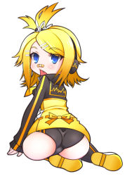 Rule 34 | 1girl, ass, bandaid, black panties, blonde hair, blue eyes, blush, bow, fang, from behind, hair ornament, headphones, jacket, kagamine rin, looking at viewer, looking back, niwakaame (amayadori), open mouth, panties, project diva (series), project diva f, short hair, simple background, sitting, solo, stylish energy (vocaloid), underwear, vocaloid, white background