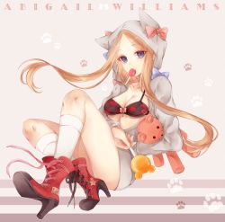 Rule 34 | 1girl, abigail williams (fate), animal hood, ankle boots, blonde hair, blue eyes, blush, boots, bow, bow bra, bra, breasts, candy, cat hood, cleavage, collarbone, cross-laced footwear, fang, fate/grand order, fate (series), food, forehead, full body, high heel boots, high heels, highres, hood, hood up, hoodie, key, kneehighs, lace-up boots, lollipop, long hair, long sleeves, looking at viewer, medium breasts, open clothes, open hoodie, orii (fsgp5252), parted bangs, paw print, pink bow, polka dot, polka dot bow, red footwear, shoe soles, shoelaces, sleeves past wrists, socks, solo, stuffed animal, stuffed toy, teddy bear, underwear, very long hair, white socks