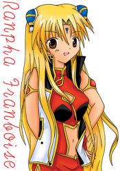 Rule 34 | 00s, 1girl, blonde hair, bracelet, brown eyes, character name, cleavage cutout, clothing cutout, dress, facial mark, forehead mark, galaxy angel, gloves, hair ornament, hairclip, jewelry, long hair, looking at viewer, navel cutout, ranpha franboise, side slit, solo, tagme, text focus, very long hair