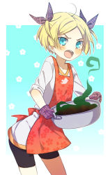 Rule 34 | 1girl, ahoge, apron, bad id, bad pixiv id, blonde hair, blue eyes, blush, hair ribbon, jikunyaga, open mouth, original, oven mitts, plaid, plaid ribbon, pot, pot holders, ribbon, self-portrait, short hair, short twintails, sleeves rolled up, solo, tears, twintails