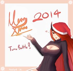 Rule 34 | 10s, 1girl, 2014, artist name, breasts, cleavage, cleavage cutout, clothing cutout, daiana (terra battle), hair over one eye, hat, heart, horns, jewelry, large breasts, lips, lipstick, long hair, looking at viewer, makeup, meme attire, merry christmas, naked sweater, open-chest sweater, outside border, pendant, red eyes, red hair, red lips, rexlent, ribbed sweater, santa hat, single horn, solo, sweater, terra battle, turtleneck, very long hair
