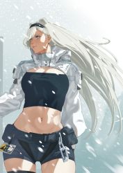 Rule 34 | 1girl, absurdres, animal ears, arknights, aurora (arknights), aurora (elite ii) (arknights), bear ears, black hairband, blue eyes, commentary, cowboy shot, crop top, dated commentary, grey hair, grey shorts, hairband, highres, long hair, long sleeves, midriff, navel, pouch, short shorts, shorts, shrug (clothing), solo, standing, stomach, strapless, teahaz, tube top, very long hair