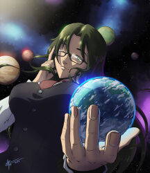 Rule 34 | 1girl, artist name, asougi rin, breasts, earth (planet), giant, giantess, glasses, green eyes, green hair, large breasts, lips, long hair, looking at viewer, mature female, mnemosyne, necktie, office lady, one eye closed, planet, shaded face, smile, solo, space, universe