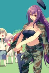 Rule 34 | 2boys, 2girls, bandeau, bedivere (fate), beret, black hat, breasts, camouflage, camouflage jacket, camouflage pants, character name, cleavage, collarbone, echo (circa), fate/grand order, fate (series), green jacket, green pants, gun, hat, jacket, large breasts, long hair, mash kyrielight, mash kyrielight (swimsuit of perpetual summer), multiple boys, multiple girls, navel, open mouth, pants, pink hair, purple hair, red eyes, red hair, scathach (fate), short hair, tristan (fate), weapon