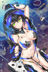Rule 34 | 1girl, :&gt;, arm support, arm up, armlet, armor, armpits, artist logo, bare shoulders, bikini, bikini armor, black gloves, black hair, blue hair, breasts, cleavage, collar, commentary request, cowboy shot, crossed bangs, cyborg, fingerless gloves, gloves, green eyes, groin, hair between eyes, hair ornament, hexagon, hicage hisoca, highres, large breasts, long hair, looking at viewer, maebari, mechanical parts, midriff, multicolored hair, navel, original, shadow, sidelocks, sitting, solo, strapless, strapless bikini, streaked hair, swimsuit, twintails