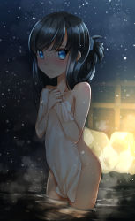 Rule 34 | 1girl, asashio (kancolle), bare shoulders, bathing, black hair, blue eyes, blurry, blush, closed mouth, collarbone, comah, commentary request, covered navel, covering privates, depth of field, flat chest, folded ponytail, groin, hair up, highres, kantai collection, light particles, long hair, looking at viewer, naked towel, nude cover, onsen, outdoors, rock, sidelocks, snowing, solo, standing, steam, swept bangs, towel, wading, water, wet, white towel