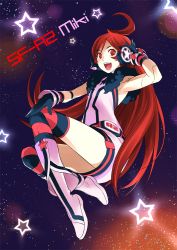 Rule 34 | 1girl, ahoge, android, armpits, boots, female focus, full body, gloves, headset, kriss sison, long hair, open mouth, red eyes, red hair, sf-a2 miki, sky, solo, space, star (sky), star (symbol), starry sky, striped clothes, striped thighhighs, thighhighs, vocaloid