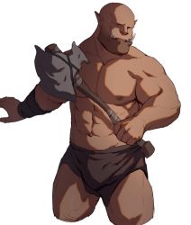 Rule 34 | 1boy, abs, axe, bald, bara, bare pectorals, beard, bulge, cropped legs, dark skin, facial hair, fangs, garrosh hellscream, highres, holding, holding axe, large pectorals, loincloth, male focus, mature male, monster boy, muscular, muscular male, navel, nipples, orc, pectorals, pointy ears, ryker, solo, stomach, stubble, thighs, warcraft, world of warcraft