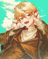Rule 34 | 1boy, :d, adjusting eyewear, aqua sky, bad id, bad twitter id, bag, brown bag, brown coat, brown jacket, buttons, cloud, coat, commentary request, cross, day, double-parted bangs, glasses, grey-framed eyewear, hands up, highres, jacket, lapels, layered clothes, long sleeves, looking at viewer, male focus, mikann39, multicolored coat, notched lapels, open clothes, open coat, open mouth, orange eyes, orange hair, outdoors, plaid, plaid coat, project sekai, short hair, shoulder bag, smile, solo, sparkle, sweater, teeth, tenma tsukasa, turtleneck, turtleneck sweater, upper body, white sweater, zozotown