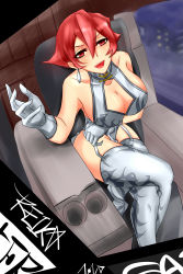 Rule 34 | 1girl, bare arms, bare shoulders, breasts, character request, china dress, chinese clothes, cleavage, cleavage cutout, clothing cutout, crossed legs, dress, from above, garter straps, gloves, highres, leotard, looking at viewer, open mouth, red eyes, red hair, short hair, sin (pixiv17875500), solo, source request, thighhighs, thighs