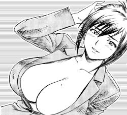 Rule 34 | 1girl, blush, breasts, business suit, cleavage, dutch angle, covered erect nipples, formal, fusano fumie, greyscale, huge breasts, milk junkies, milk junkies 2, mole, mole on breast, monochrome, no bra, no shirt, short hair, smile, solo, suit, tatsunami youtoku