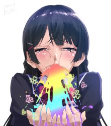 Rule 34 | 1girl, artist name, bad id, bad pixiv id, black hair, black jacket, blazer, bow, bowtie, braid, clover, crying, dated, french braid, hair ornament, hairclip, half-closed eyes, hands up, hero neisan, highres, jacket, looking at viewer, nijisanji, open palms, purple eyes, rainbow gradient, school uniform, simple background, solo, streaming tears, tears, tsukino mito, tsukino mito (1st costume), virtual youtuber, vomit, vomiting, vomiting rainbows, white background