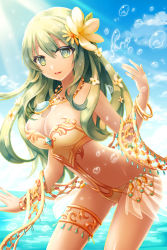Rule 34 | 1girl, applebanny, bad id, bad pixiv id, bare shoulders, bracelet, breasts, cleavage, day, flower, green eyes, green hair, hair flower, hair ornament, highres, jewelry, large breasts, light rays, long hair, lots of jewelry, matching hair/eyes, necklace, original, parted lips, pendant, ring, see-through, shiny skin, sky, smile, solo, splashing, sunbeam, sunlight, thighlet, water
