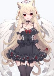 Rule 34 | 1girl, absurdres, angel, angel wings, animal ears, bare shoulders, black collar, black dress, black thighhighs, blonde hair, breasts, cat ears, cat tail, cleavage, collar, collarbone, dress, frilled dress, frills, garter straps, hair ribbon, highres, hinata (user rjkt4745), large breasts, long hair, looking at viewer, nail polish, original, red eyes, red nails, red ribbon, ribbon, simple background, smile, solo, tail, thighhighs, white background, wings