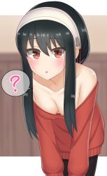 Rule 34 | 1girl, ?, absurdres, bare shoulders, black hair, blurry, blurry background, blush, breasts, cleavage, clueless, downblouse, earrings, hands on own knees, highres, jewelry, katsuragi b k, leaning forward, long hair, looking at viewer, medium breasts, no bra, off shoulder, parted lips, red eyes, red sweater, solo, speech bubble, spy x family, sweater, yor briar