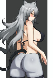 Rule 34 | 1girl, animal ears, arknights, ass, bare arms, bare shoulders, bikini, bikini top only, blush, breasts, cat ears, cat tail, commentary, cowboy shot, fangs (fangs art), grey hair, grey pants, highres, large breasts, leggings, long hair, looking at viewer, pants, schwarz (arknights), skin tight, solo, standing, swimsuit, tail, thigh strap, thighs, very long hair