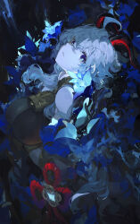Rule 34 | 1girl, bare shoulders, bell, blue eyes, blue flower, bodysuit, breasts, collar, cowbell, flower, ganyu (genshin impact), genshin impact, goat horns, highres, horns, large breasts, long hair, looking at viewer, neck bell, saberiii, solo, vision (genshin impact)