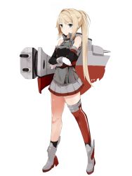 Rule 34 | 10s, 1girl, akiha (attract), alternate hairstyle, bad id, bad twitter id, bismarck (kancolle), blonde hair, blue eyes, crossed arms, detached sleeves, full body, hms renown, kantai collection, kskasutera, long hair, machinery, no headwear, no headwear, ponytail, single thighhigh, skirt, solo, standing, thighhighs, unfinished, white background