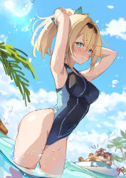 Rule 34 | 1girl, armpits, ass, blonde hair, blue eyes, blush, brat (brabrabrat00), breasts, competition swimsuit, highres, hololive, kazama iroha, long hair, looking at viewer, navel, one-piece swimsuit, partially submerged, pokobee, ponytail, solo, swimsuit, virtual youtuber